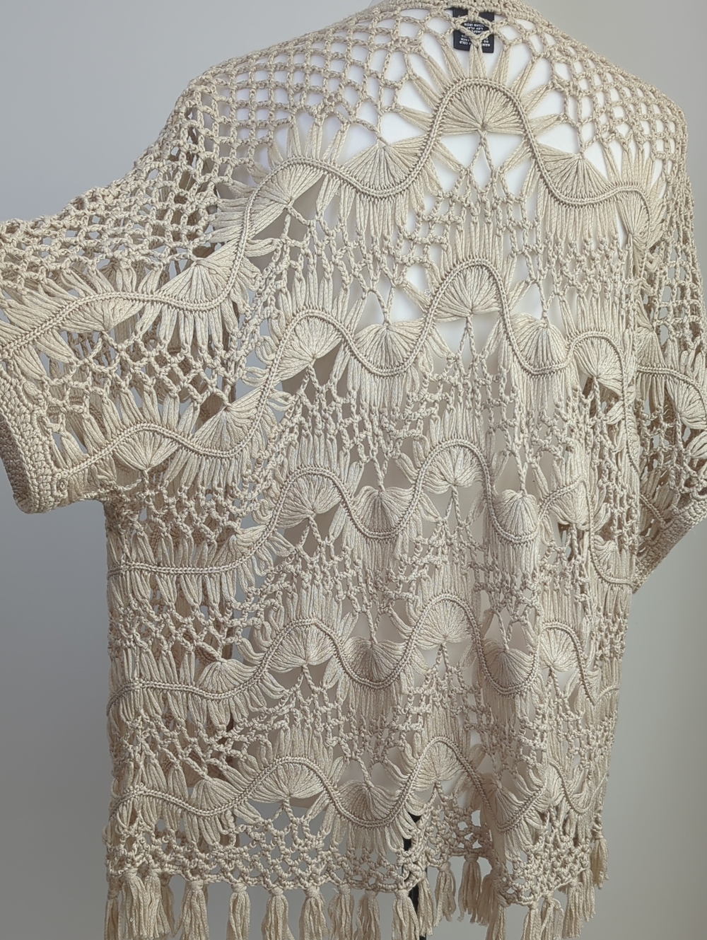 New Directions Bohemian Crochet Open Front Cardigan Fringe Trim Sweater XL - Picture 7 of 13